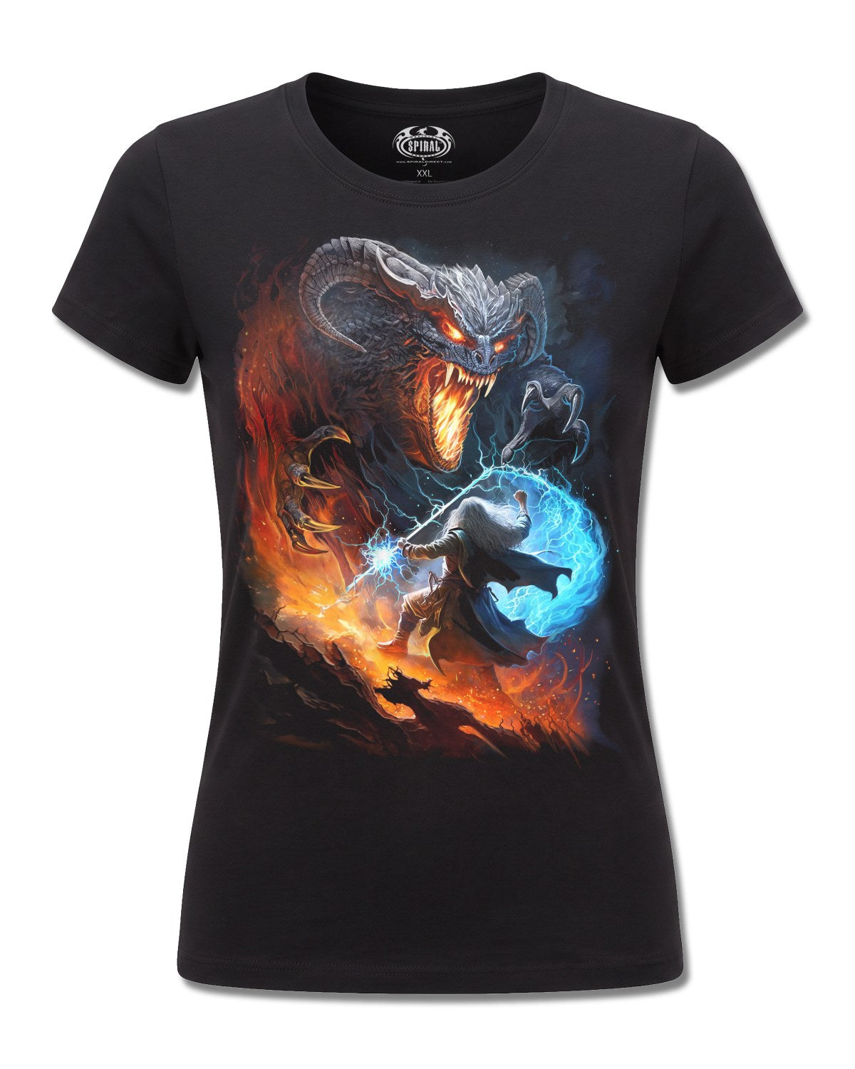 Spiral Infernal Duel design, front view on Black F775, Rock Off Retail official merch
