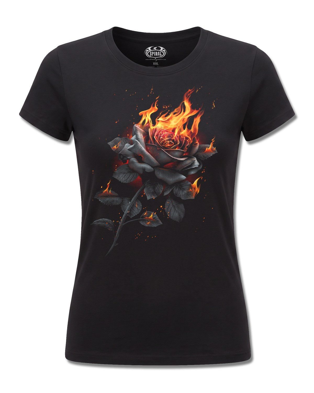Spiral Flaming Rose design, front view on Black F775, Rock Off Retail official merch
