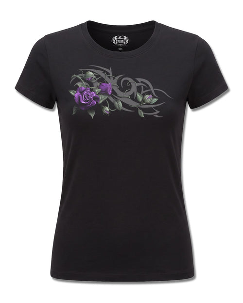 Spiral Tribal Rose design, front view on Black F775, Rock Off Retail official merch