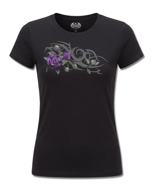 Spiral Tribal Rose design, front view on Black F775, Rock Off Retail official merch