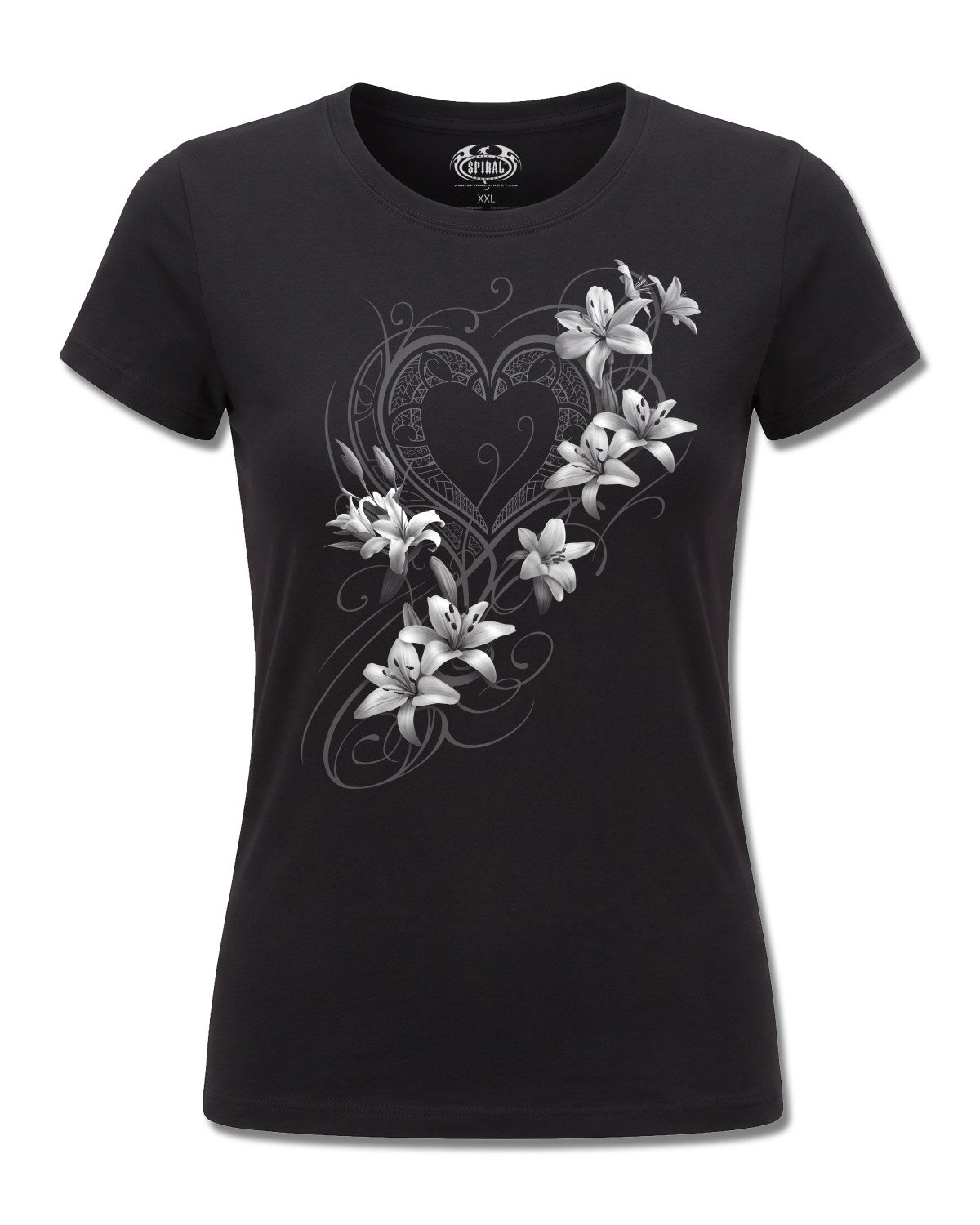Spiral Pure Of Heart design, front view on Black F775, Rock Off Retail official merch