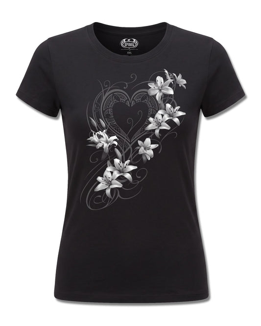 Spiral Pure Of Heart design, front view on Black F775, Rock Off Retail official merch