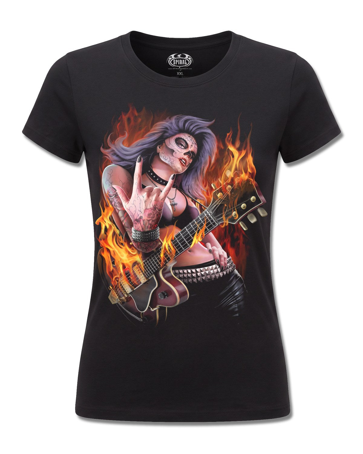 Spiral Rocking The Dead design, front view on Black F775, Rock Off Retail official merch