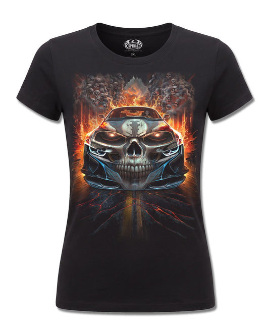 Spiral Speed Freak design, front view on Black F775, Rock Off Retail official merch