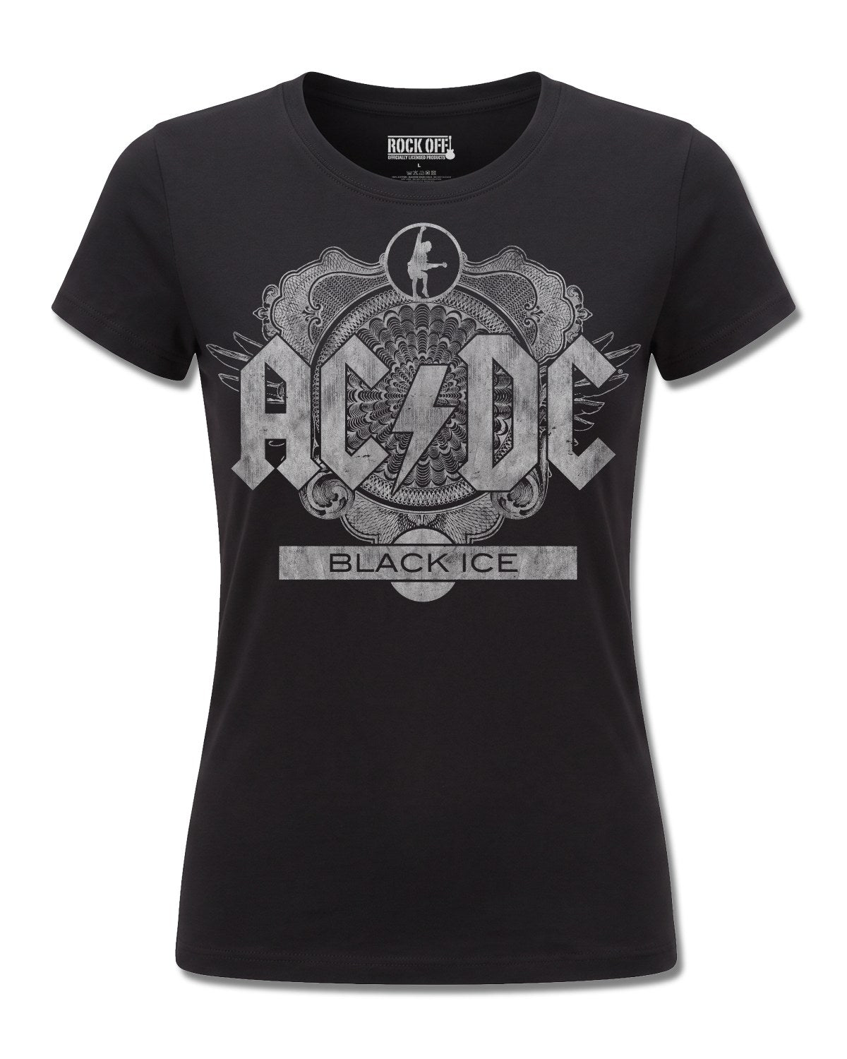 AC/DC Black Ice (AC/DC) design, front view on Black F775, Rock Off Retail official merch