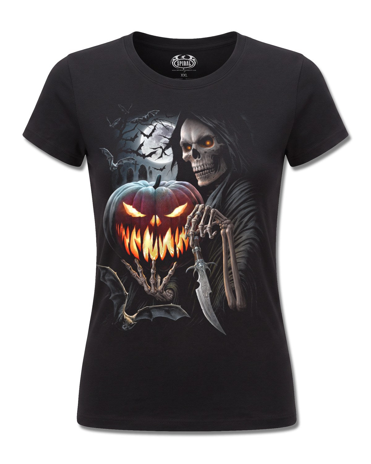 Spiral Carving Death design, front view on Black F775, Rock Off Retail official merch
