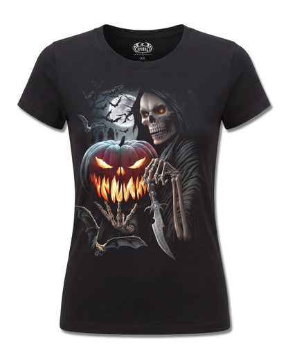 Spiral Carving Death design, front view on Black F775, Rock Off Retail official merch