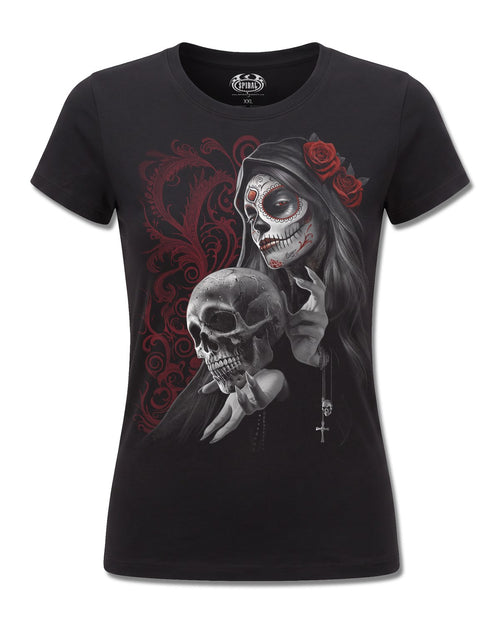 Spiral Love Is Dead design, front view on Black F775, Rock Off Retail official merch