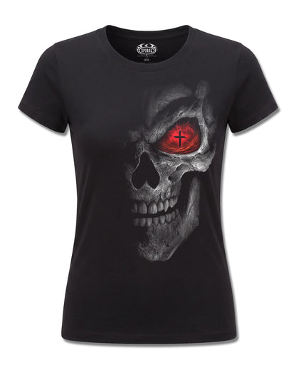 Spiral Death Stare design, front view on Black F775, Rock Off Retail official merch