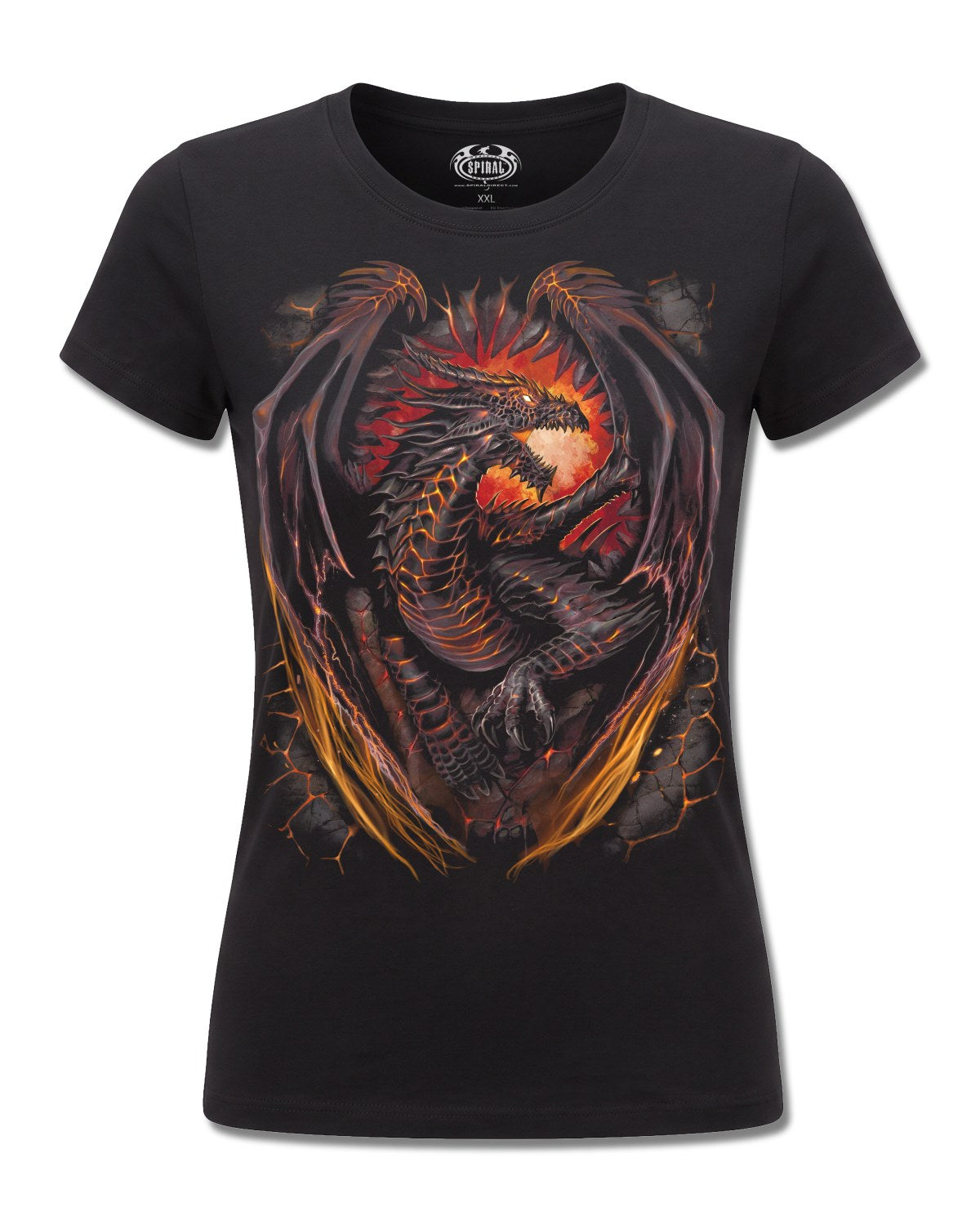 Spiral Dragon Furnace design, front view on Black F775, Rock Off Retail official merch