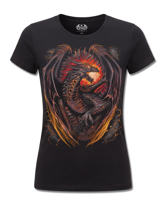 Spiral Dragon Furnace design, front view on Black F775, Rock Off Retail official merch