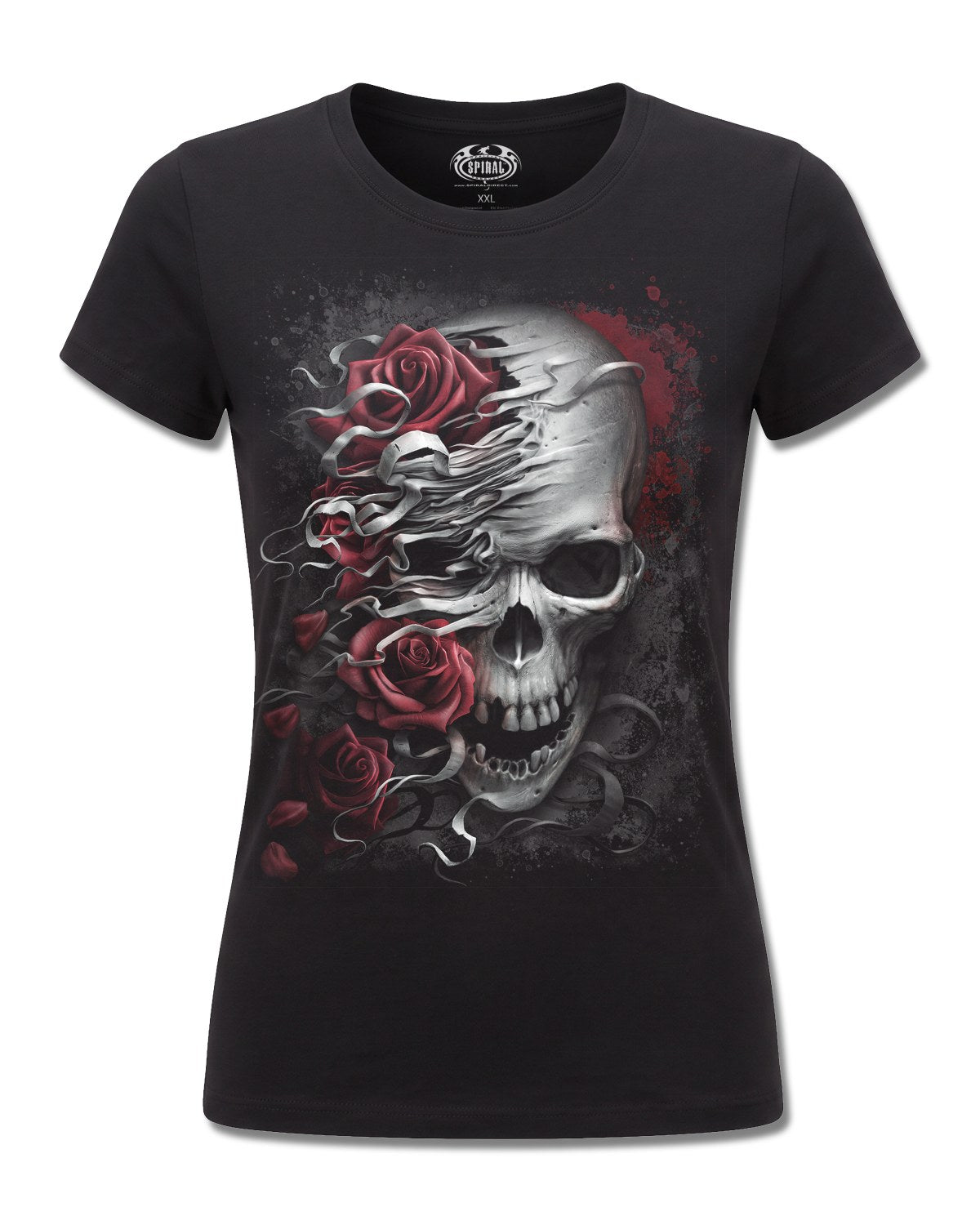 Spiral Skulls N' Roses design, front view on Black F775, Rock Off Retail official merch