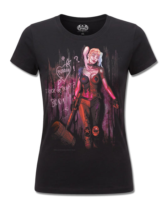 DC Comics Harley Quinn Trick Or Treat (Harley Quinn) design, front view on Black F775, Rock Off Retail official merch