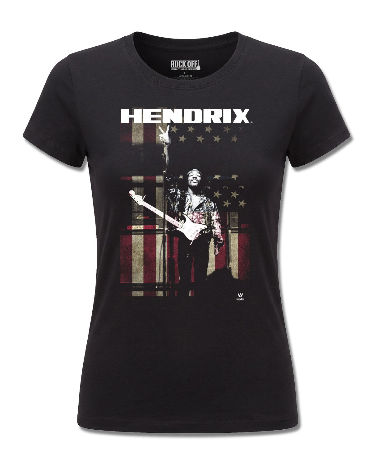 Jimi Hendrix Peace Flag (Jimi Hendrix) design, front view on Black F775, Rock Off Retail official merch