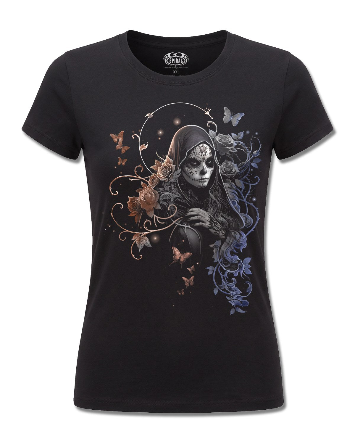 Spiral Gothic Grace design, front view on Black F775, Rock Off Retail official merch