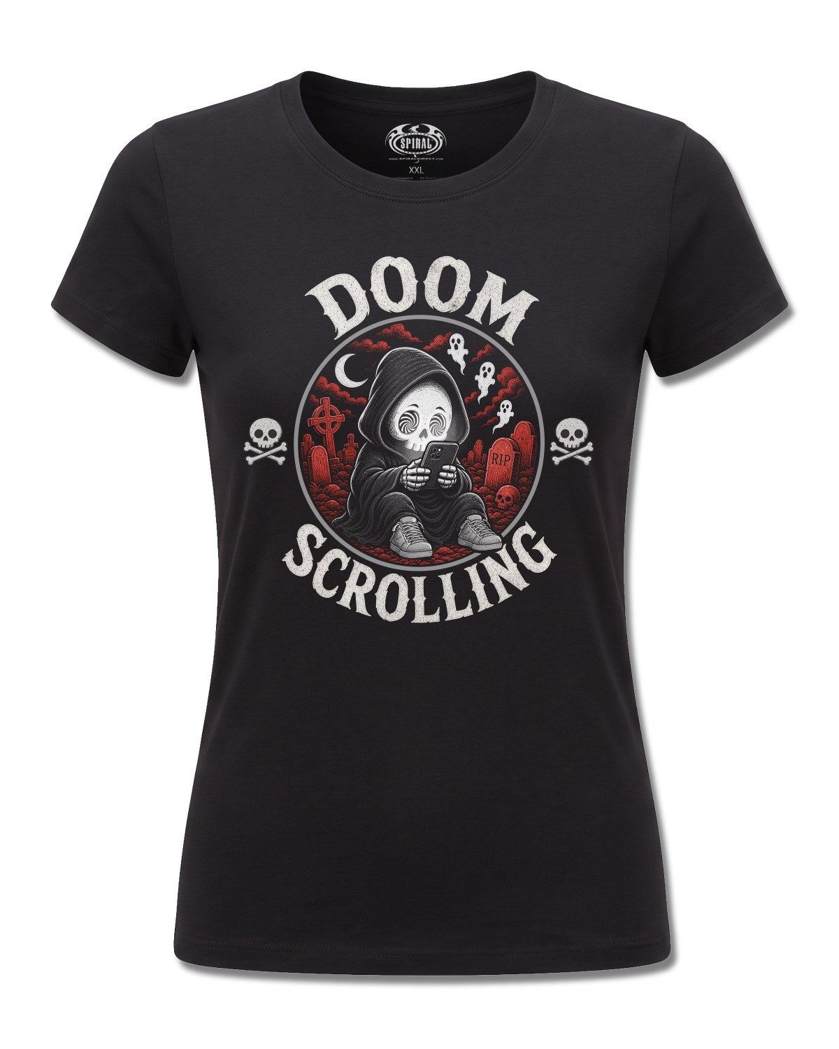 Spiral Doom Scrolling design, front view on Black F775, Rock Off Retail official merch