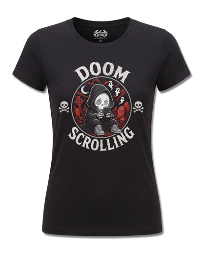 Spiral Doom Scrolling design, front view on Black F775, Rock Off Retail official merch