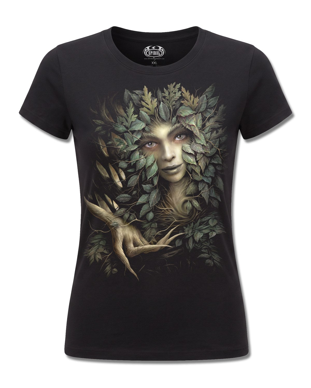 Spiral Woodland Queen design, front view on Black F775, Rock Off Retail official merch