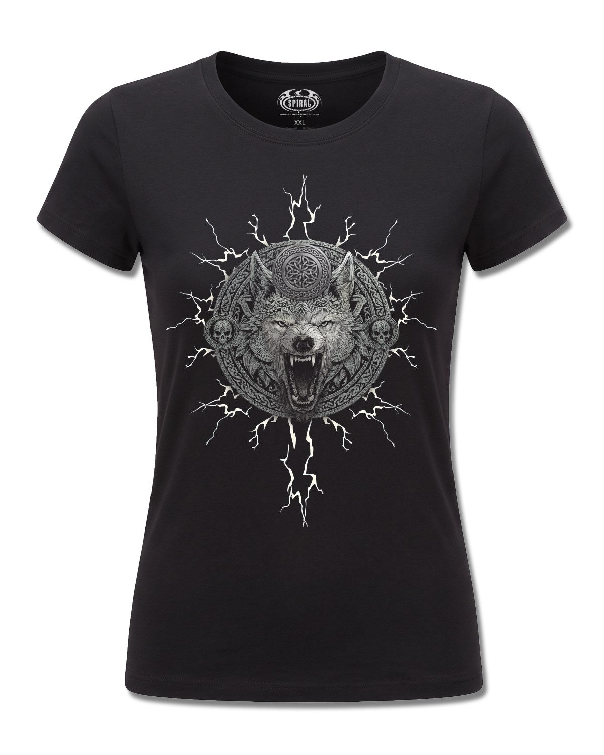 Spiral Valhalla design, front view on Black F775, Rock Off Retail official merch