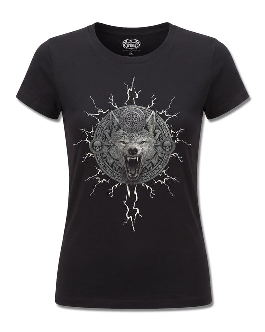 Spiral Valhalla design, front view on Black F775, Rock Off Retail official merch