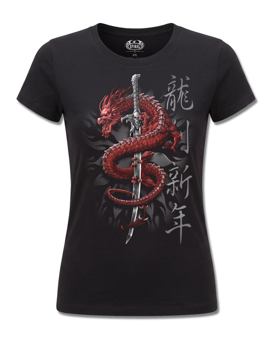 Spiral Oriental Dragon design, front view on Black F775, Rock Off Retail official merch