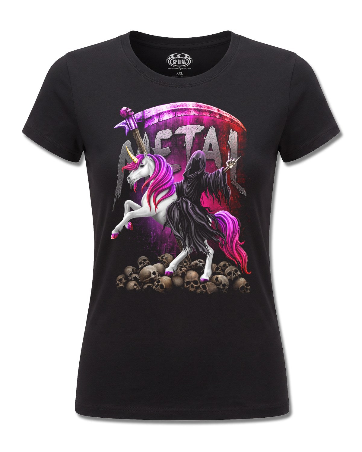 Spiral Metallicorn design, front view on Black F775, Rock Off Retail official merch