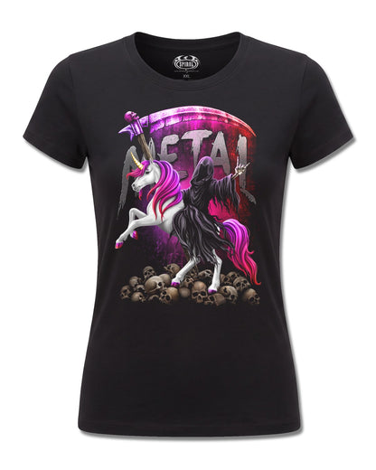 Spiral Metallicorn design, front view on Black F775, Rock Off Retail official merch