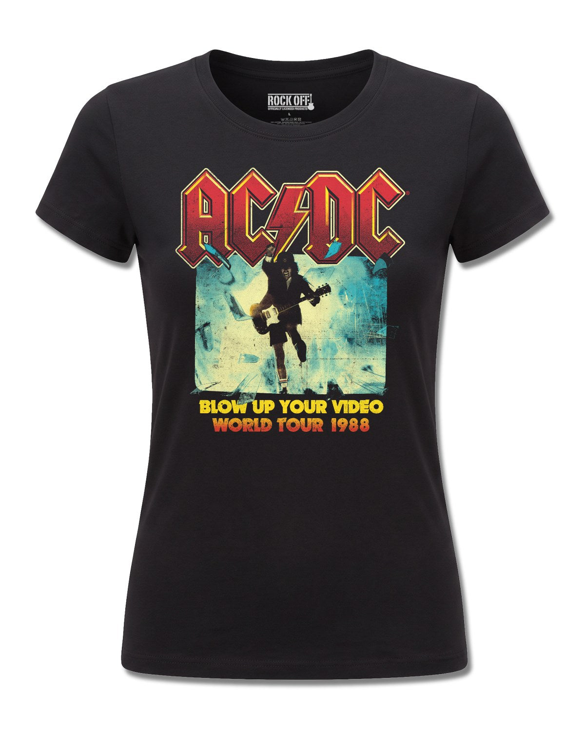 AC/DC Blow Up Your Video (AC/DC) design, front view on Black F775, Rock Off Retail official merch