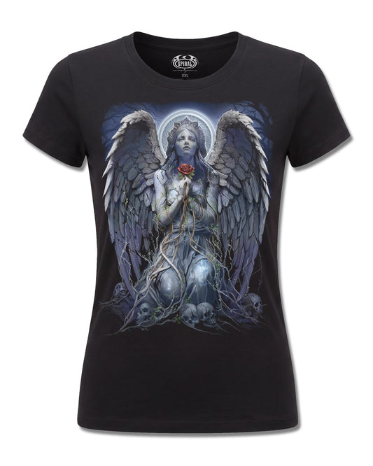 Spiral Grieving Angel design, front view on Black F775, Rock Off Retail official merch