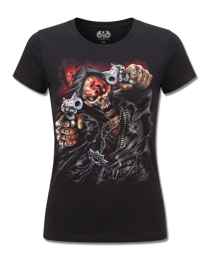 Five Finger Death Punch Assassin (Five Finger Death Punch) design, front view on Black F775, Rock Off Retail official merch