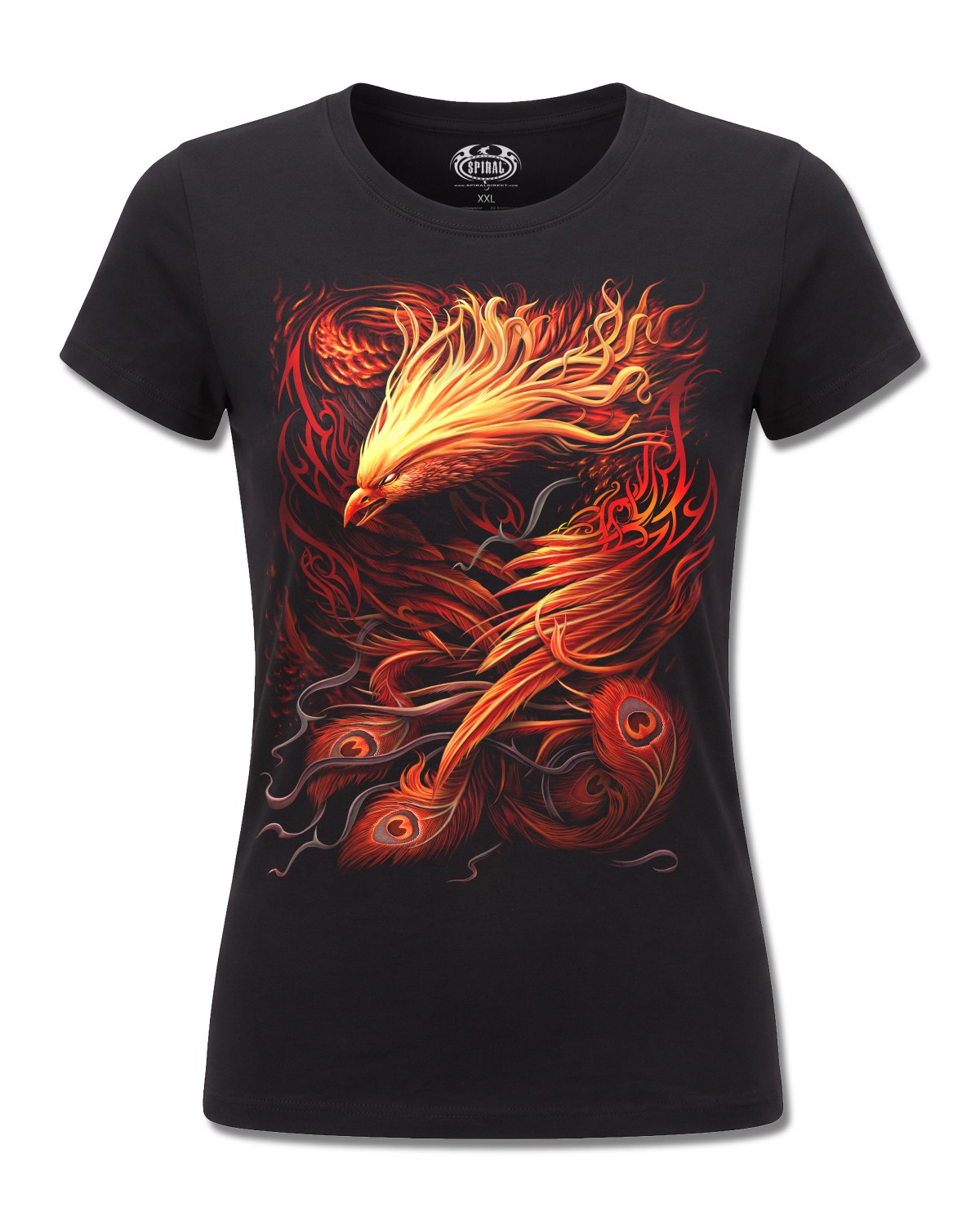 Spiral Phoenix Arisen design, front view on Black F775, Rock Off Retail official merch