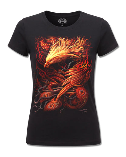Spiral Phoenix Arisen design, front view on Black F775, Rock Off Retail official merch