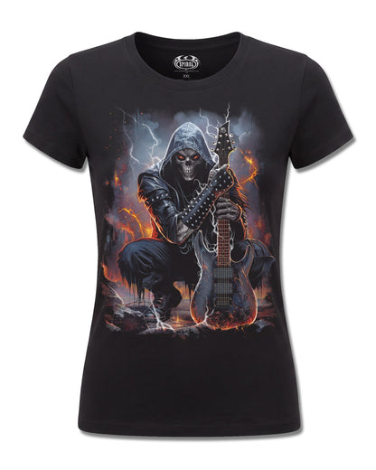 Spiral Death Rocker design, front view on Black F775, Rock Off Retail official merch