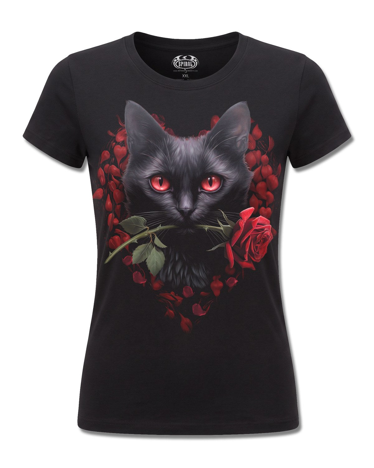 Spiral Cat's Love design, front view on Black F775, Rock Off Retail official merch