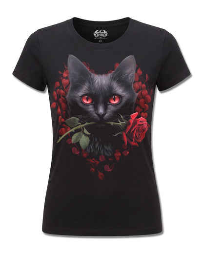 Spiral Cat's Love design, front view on Black F775, Rock Off Retail official merch