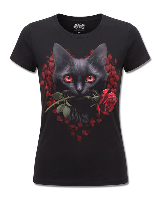 Spiral Cat's Love design, front view on Black F775, Rock Off Retail official merch