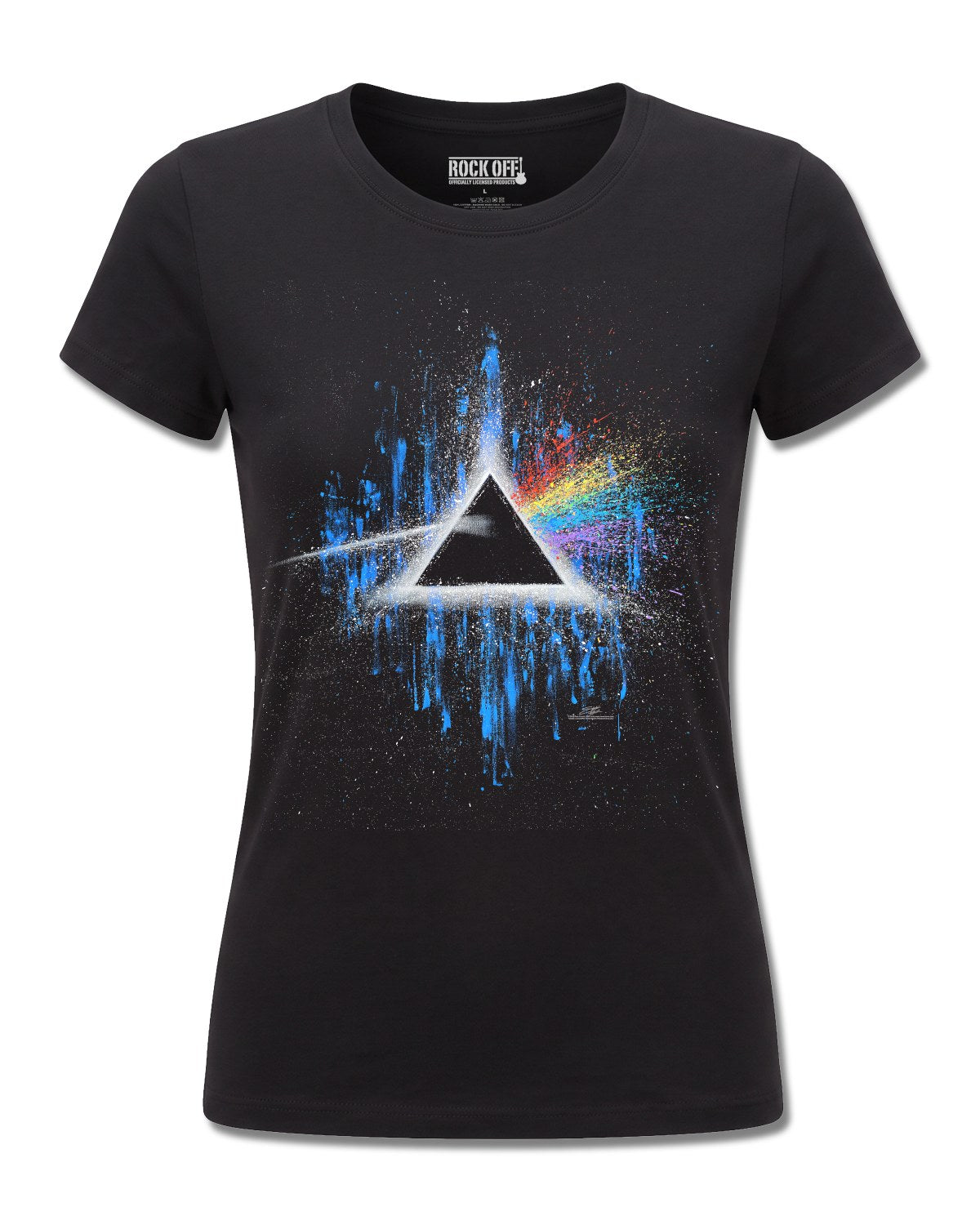 Pink Floyd Dark Side Of The Moon Blue Splatter (Pink Floyd) design, front view on Black F775, Rock Off Retail official merch
