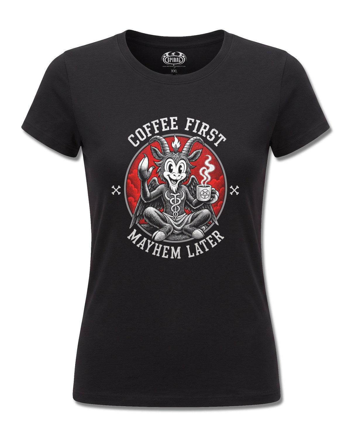Spiral Coffee And Mayhem design, front view on Black F775, Rock Off Retail official merch