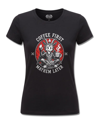 Spiral Coffee And Mayhem design, front view on Black F775, Rock Off Retail official merch