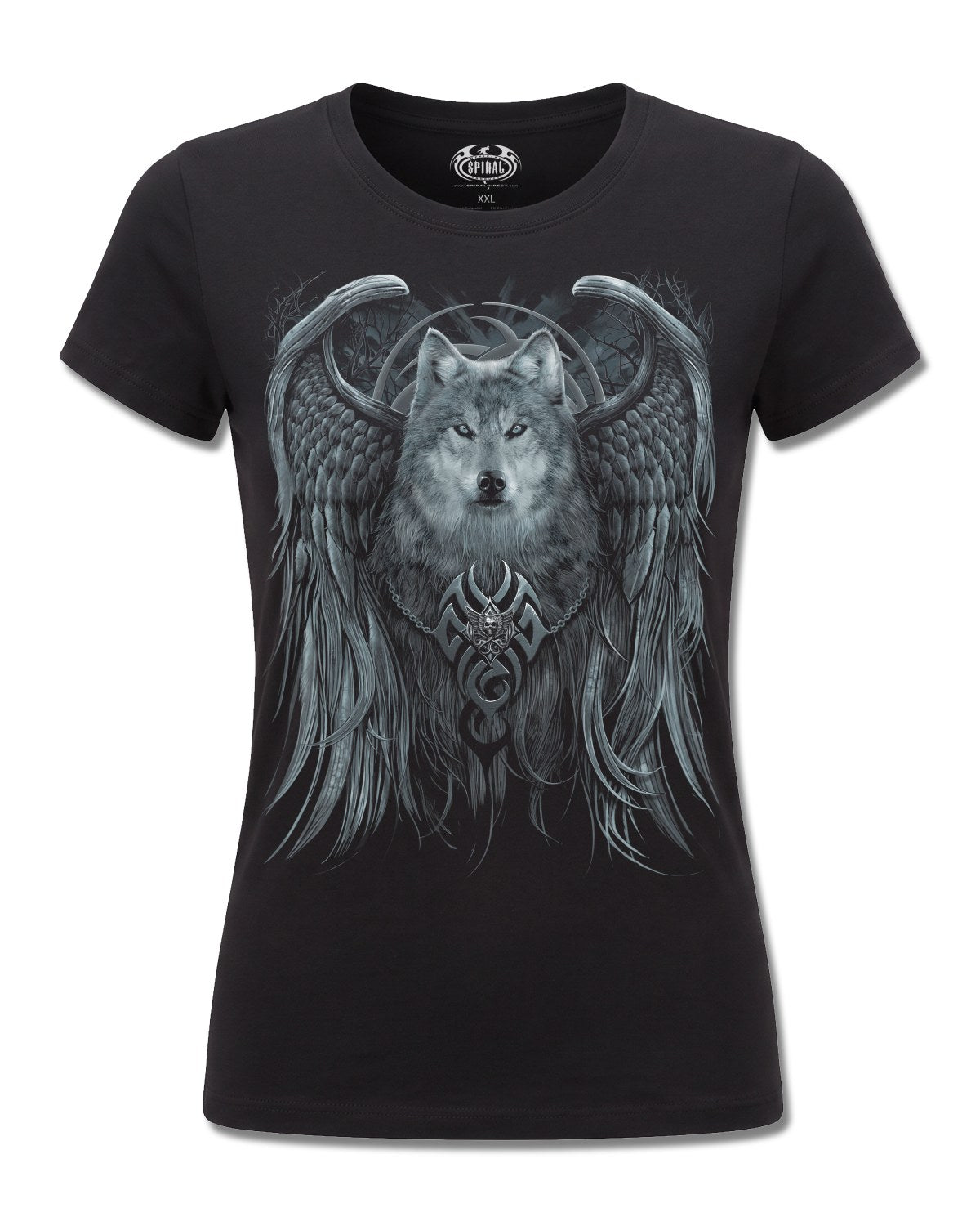 Spiral Wolf Spirit design, front view on Black F775, Rock Off Retail official merch