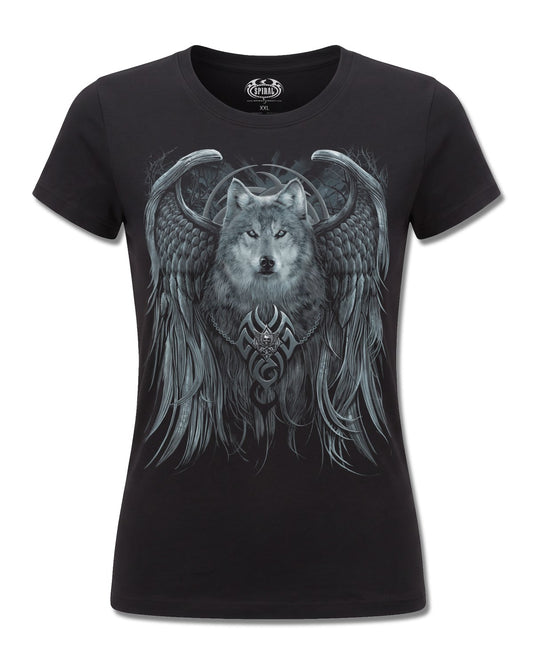 Spiral Wolf Spirit design, front view on Black F775, Rock Off Retail official merch