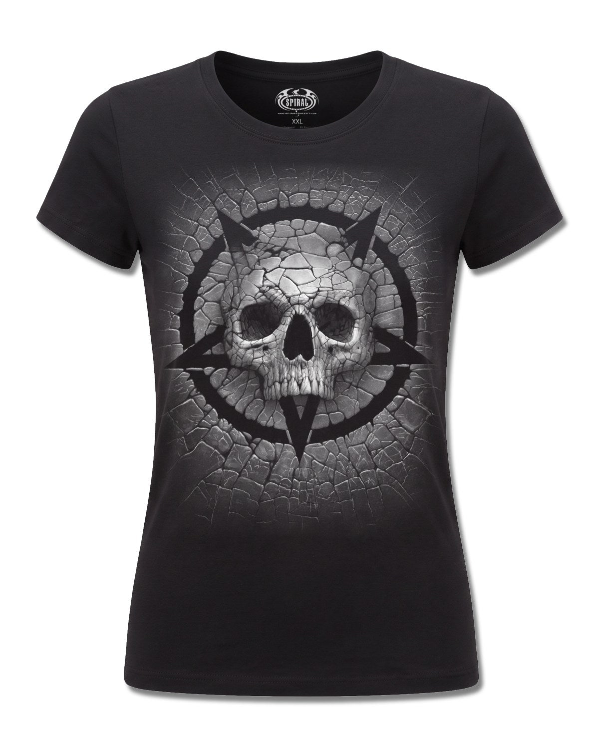 Spiral Cracking Up design, front view on Black F775, Rock Off Retail official merch