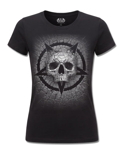 Spiral Cracking Up design, front view on Black F775, Rock Off Retail official merch
