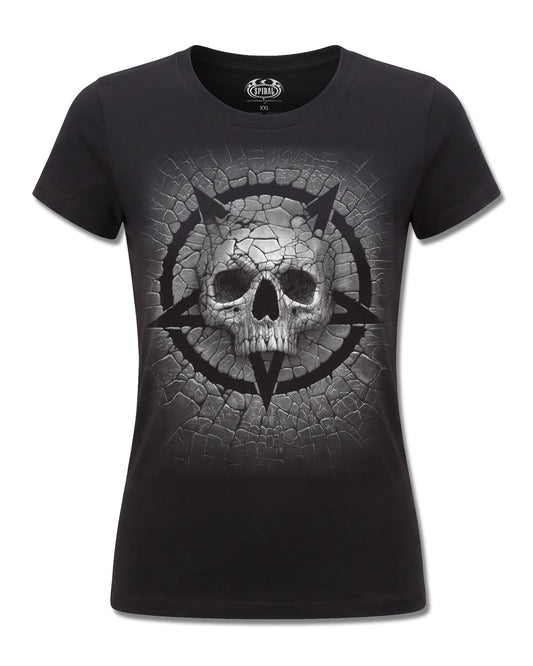 Spiral Cracking Up design, front view on Black F775, Rock Off Retail official merch