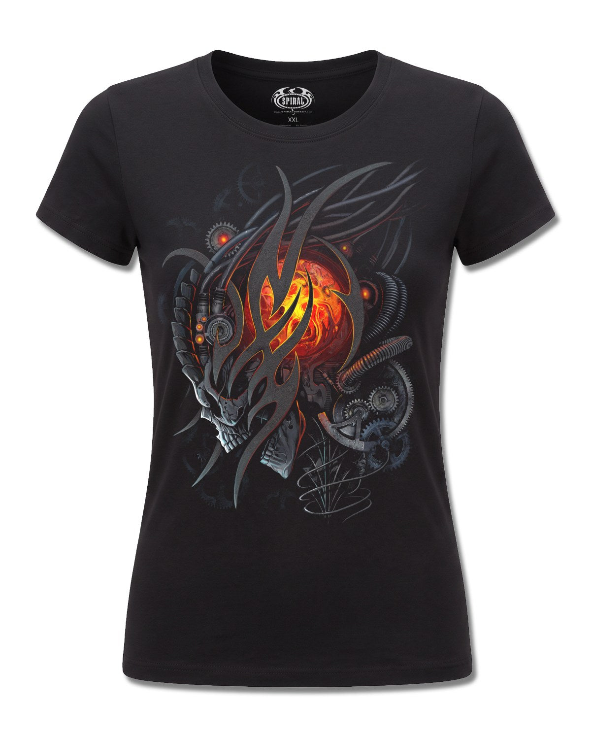 Spiral Steampunk Skull design, front view on Black F775, Rock Off Retail official merch