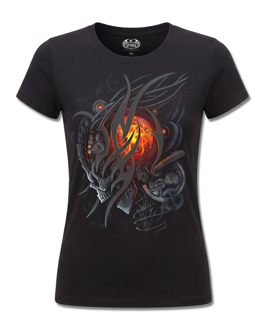 Spiral Steampunk Skull design, front view on Black F775, Rock Off Retail official merch