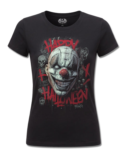 Spiral Happy Horroween design, front view on Black F775, Rock Off Retail official merch