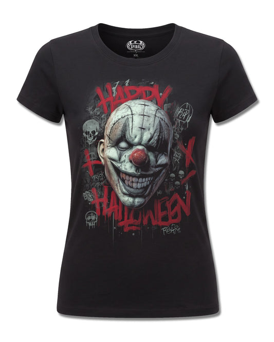Spiral Happy Horroween design, front view on Black F775, Rock Off Retail official merch