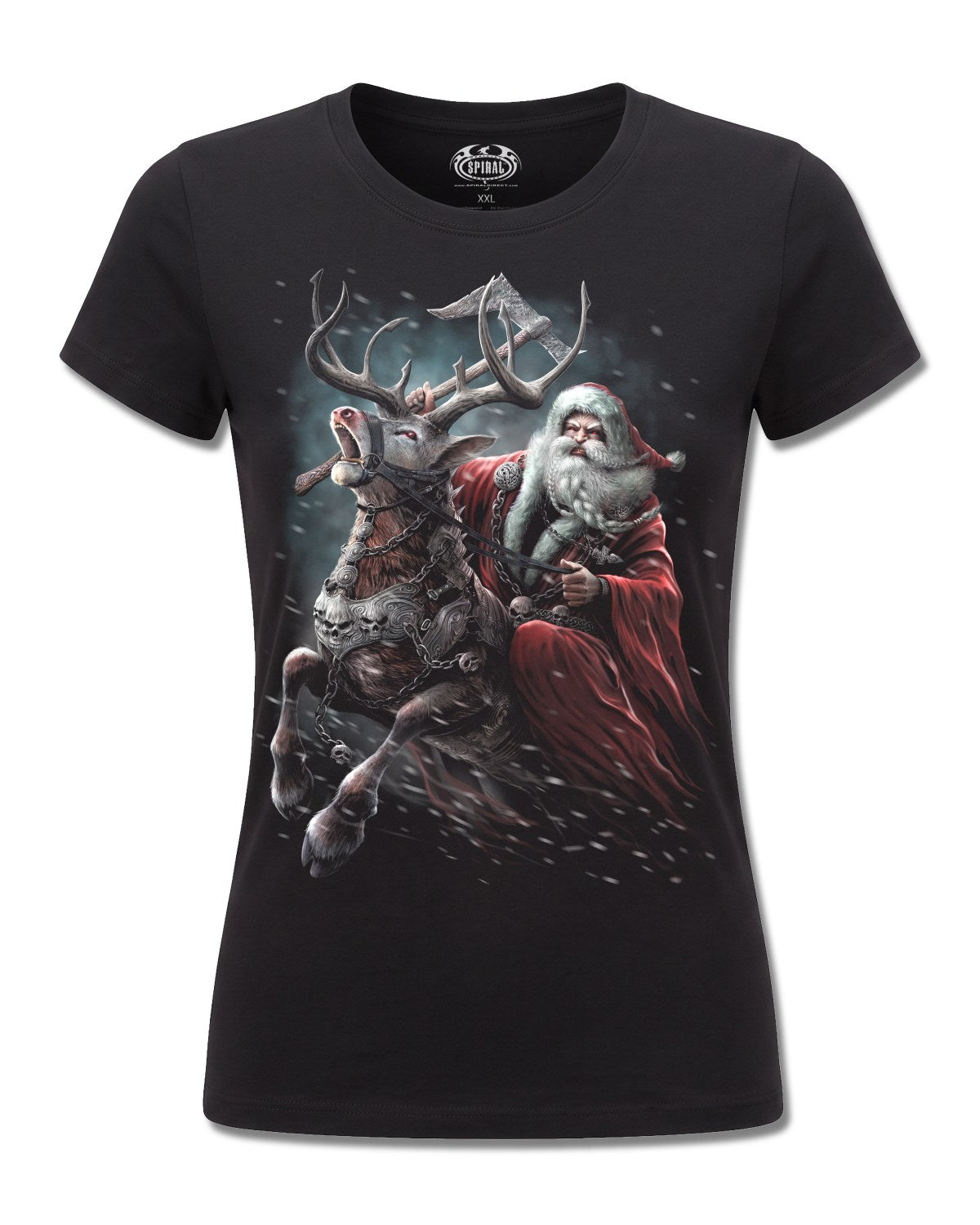 Spiral Sleigher design, front view on Black F775, Rock Off Retail official merch