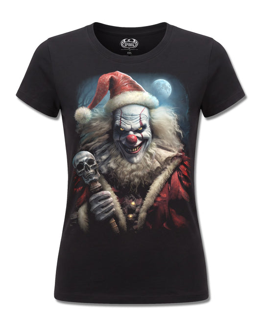 Spiral Santa Clown design, front view on Black F775, Rock Off Retail official merch